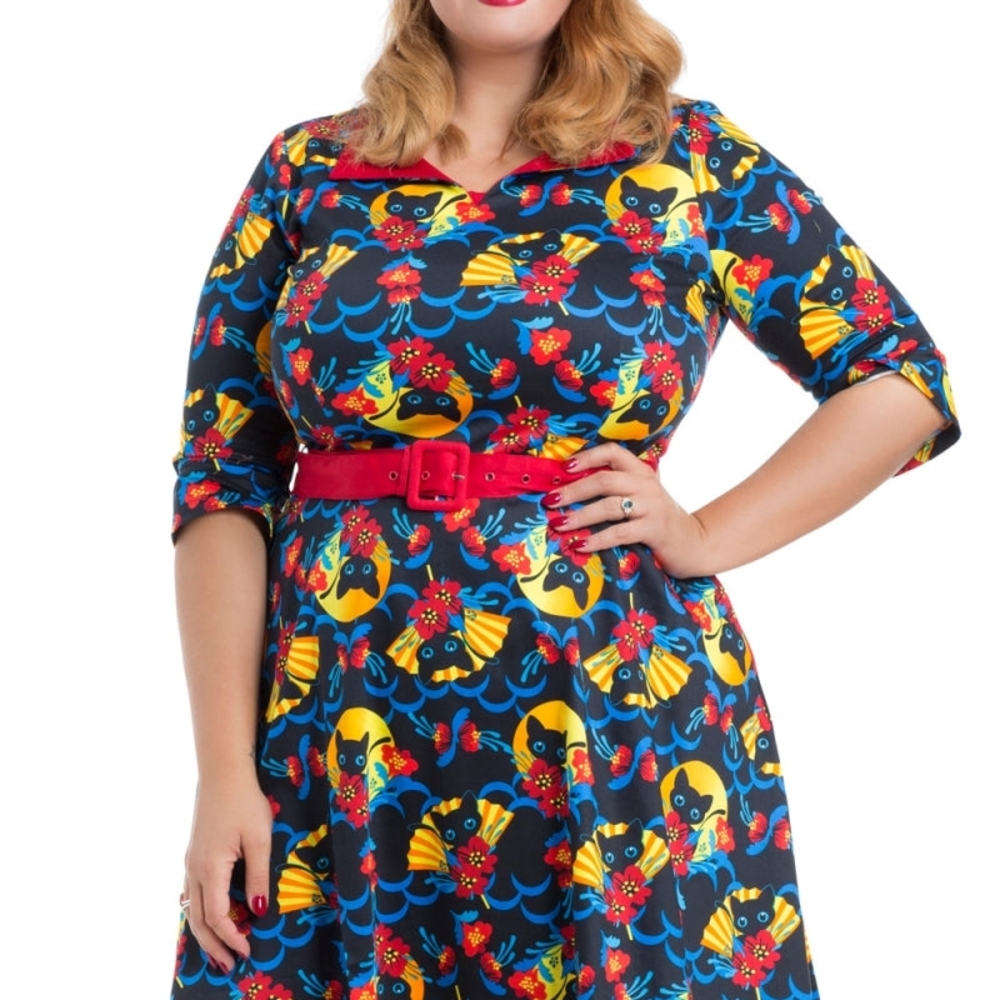 Voodoo Vixen Rockabilly 1950s Retro Style Colorful Long Sleeve Cat Dress